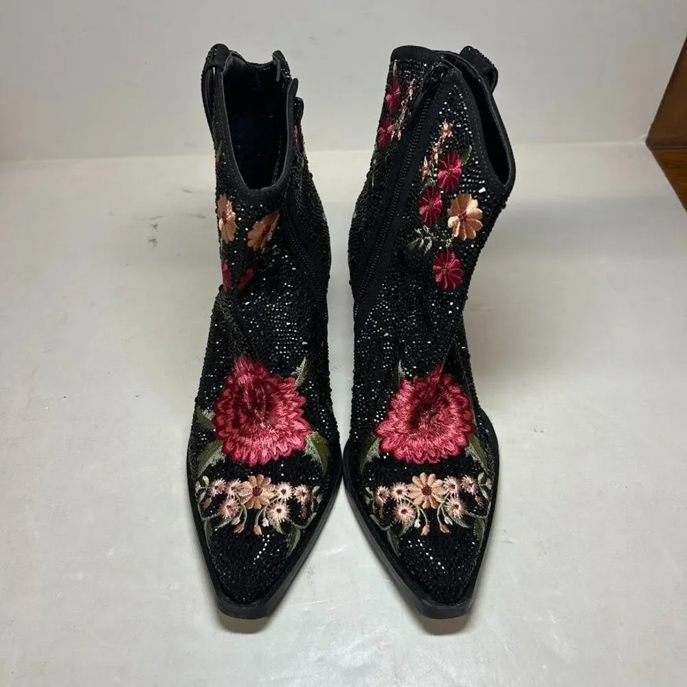 INC Womens 5.5 M Black Embellished Jersey Block Heel Cowboy Booties DISPLAY QX1